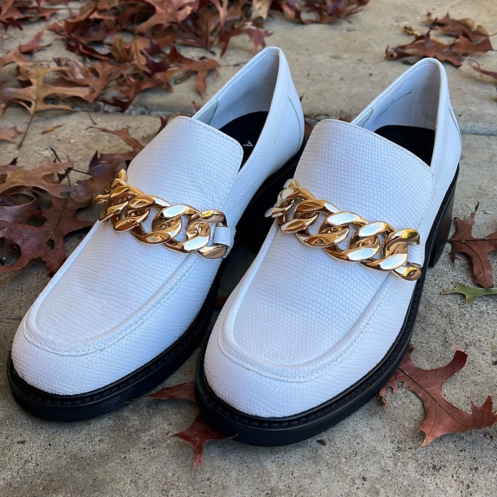 AQUA White leather loafers with gold chain detailing